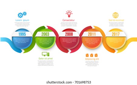 Infographic style colored timeline arrows or menu 5 options, vector on white background