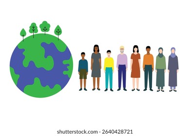 Infographic Style Illustration for World Population Day. Flat vector design featuring people, charts, and a globe, ideal for World Population Day. Represents data visualization of population issues.