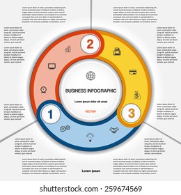 Infographic for success business project, multi-coloured ring numbered, template with text area on three positions 