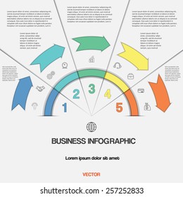 Infographic for success business project template with text areas on five positions, Easy to edit vector illustration with 5 colour arrows and semicircle