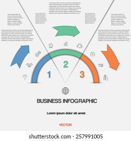 Infographic for success business project template with text areas on three positions, Easy to edit vector illustration with 3 colour arrows and semicircle