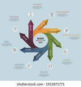 Infographic Success template. Icons in different colors. Include Success, The Best, Achievement, Lader Of Success and others.
