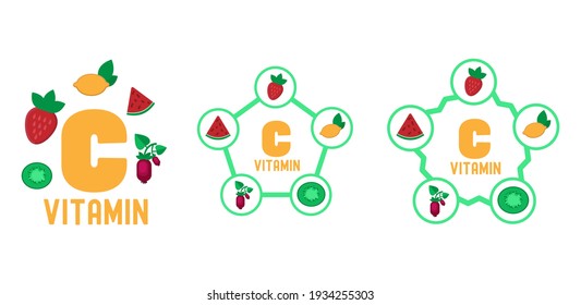 infographic tables about vitamin C content of fruits and berries. The basics of a healthy diet.