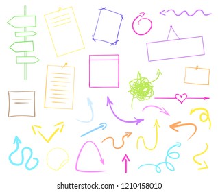 Infographic tables on isolated background. Collection of desks on white. Arrows for design. Hand drawn simple signs