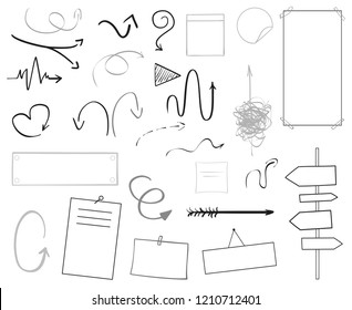 Infographic tables on isolated background. Collection of desks on white. Arrows for design. Hand drawn simple signs
