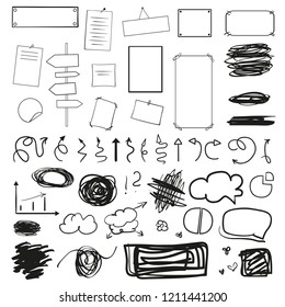 Infographic tables on isolated background. Collection of desks on white. Arrows for design. Hand drawn simple signs. Black and white illustration