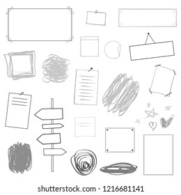 Infographic tables on isolated background. Collection of desks on white. Elements for design. Hand drawn simple signs. Black and white illustration