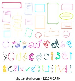 Infographic tables on isolated background. Collection of colorful desks on white. Arrows for design. Hand drawn simple signs. Colorful illustration