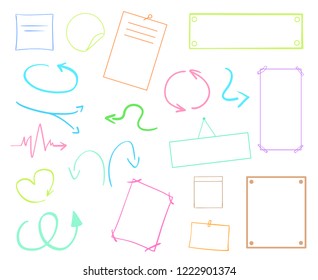 Infographic tables on isolated background. Collection of colorful desks on white. Arrows for design. Hand drawn simple signs