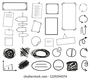 Infographic tables on isolated background. Collection of desks on white. Arrows for design. Hand drawn simple signs. Image for flyers and banners