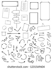 Infographic tables on isolated background. Collection of desks on white. Arrows for design. Hand drawn simple signs. Image for flyers, posters, banners and other