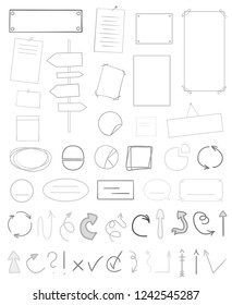 Infographic tables on isolated background. Collection of desks on white. Arrows for design. Hand drawn simple signs. Image for flyers, posters, banners and other
