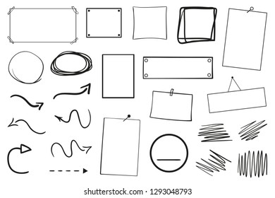 Infographic tables on isolated background. Sketchy elements. Hand drawn frames and arrows on white. Abstract frameworks. Line art. Set of different shapes. Black and white illustration