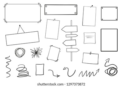 Infographic tables on isolated background. Sketchy elements. Hand drawn frames and arrows on white. Abstract frameworks. Line art. Set of different shapes. Black and white illustration
