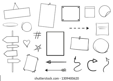 Infographic tables on isolated background. Sketchy elements. Hand drawn frames and arrows on white. Abstract frameworks. Line art. Set of different shapes. Black and white illustration