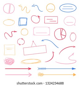 Infographic tables on isolated background. Hand drawn colored pointers on white. Abstract arrows. Colorful illustration. Sketchy doodles