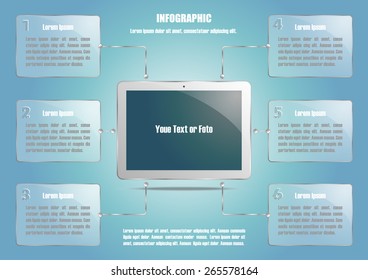  Infographic with tablet computer and 6 options. Vector illustration for presentation, posters, banners, documents and web design