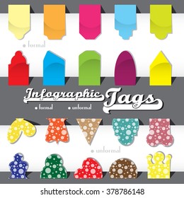 Infographic tags and labels collection in different colors, formal and unformal