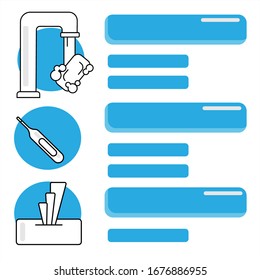 infographic with a tap with water soap thermometer and antibacterial wipes on a white and blue background in vector