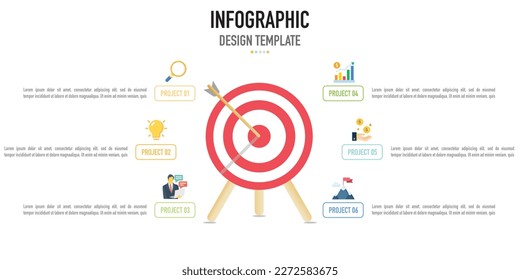Infographic target business template or element as a vector including 6 step, process, project, with colorful rectangle and icons on white background for slide or presentation, modern, minimal, arrow