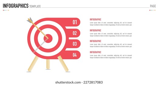 La plantilla o elemento de destino infográfico es rojo y flecha, incluidos 4 pasos, proceso, opción sobre fondo blanco para diapositiva o presentación de negocios, simple, mínimo, estilo moderno como vector, venta