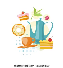 Infographic tea and sweets. Flat tea and sweets icons. Food and drink elements. Breakfast icons. Tea kettle, cup, cake and sweets. 