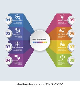 Infographic Team Building icons vector illustration. 8 colored steps info template with editable text.