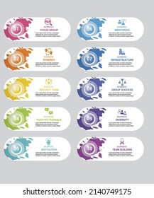 Iconos de Team Building de infografía ilustración vectorial. Plantilla de información de 10 pasos coloreados con texto editable.