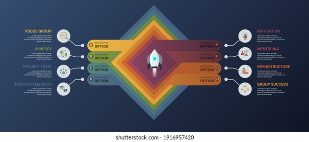 Infographic Team Building template. Icons in different colors. Include Focus Group, Synergy, Project Team, Positive Feedback and others.