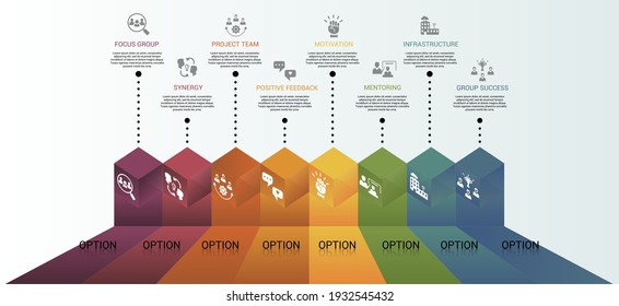 Infographic Team Building Template. Icons In Different Colors. Include Focus Group, Synergy, Project Team, Positive Feedback And Others.