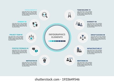 Infographic Team Building template. Icons in different colors. Include Focus Group, Synergy, Project Team, Positive Feedback and others.