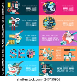 Infographic teamwork Banner Set and brainstorming with Flat style. A lot of design elements are included: computers, mobile devices, desk supplies, pencil,coffee mug, sheets,documents and so on