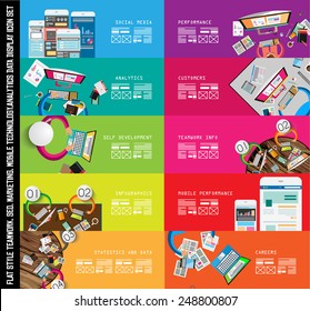 Banner Set de trabajo en equipo de infografía y brainstorming con estilo Flat. Se incluyen muchos elementos de diseño: computadoras, dispositivos móviles, suministros de escritorio, lápiz, taza de café, sábanas, documentos, etc.