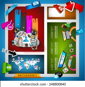 Infographic teamwork Banner Set and brainstorming with Flat style. A lot of design elements are included: computers, mobile devices, desk supplies, pencil,coffee mug, sheets,documents and so on