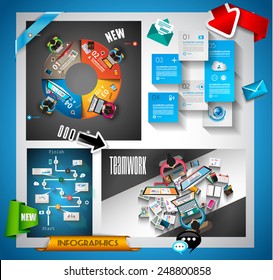 Infographic teamwork Banner Set and brainstorming with Flat style. A lot of design elements are included: computers, mobile devices, desk supplies, pencil,coffee mug, sheets,documents and so on