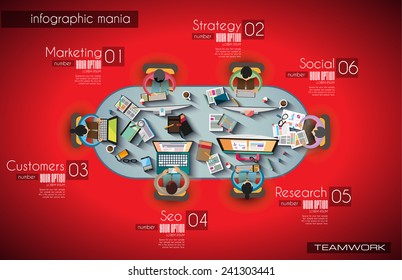 Infographic teamwork and brainsotrming with Flat style. A lot of design elements are included: computers, mobile devices, desk supplies, pencil, coffee mug, sheets, documents and so on