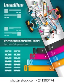 Infographic teamwork and brainsotrming with Flat style. A lot of design elements are included: computers, mobile devices, desk supplies, pencil, coffee mug, sheets, documents and so on