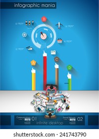 Infographic teamwork and brainsotrming with Flat style. A lot of design elements are included: computers, mobile devices, desk supplies, pencil,coffee mug, sheeets,documents and so on