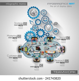 Infographic teamwork and brainsotrming with Flat style. A lot of design elements are included: computers, mobile devices, desk supplies, pencil,coffee mug, sheeets,documents and so on