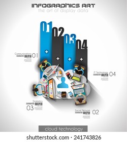 Trabalho em equipe infográfico e brainstroming com estilo plano. Muitos elementos de design estão incluídos: computadores, dispositivos móveis, suprimentos de mesa, lápis, caneca de café, folhas, documentos e assim por diante