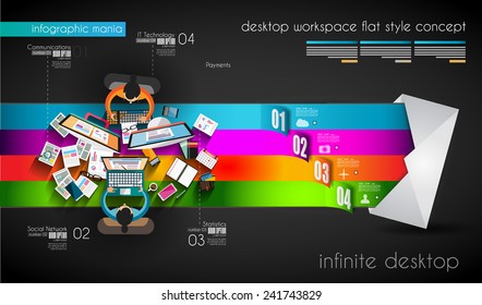 Infographic teamwork and brainsotrming with Flat style. A lot of design elements are included: computers, mobile devices, desk supplies, pencil,coffee mug, sheeets,documents and so on