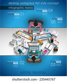 Infografische Teamarbeit und Brainstorming mit Flach-Stil. Es sind viele Design-Elemente enthalten: Computer, Mobilgeräte, Schreibtischausstattung, Bleistift, Kaffeemaschine, Laken, Dokumente usw.