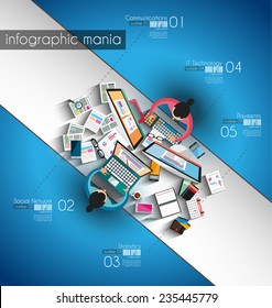 Infographic teamwork and brainstorming with Flat style. A lot of design elements are included: computers, mobile devices, desk supplies, pencil,coffee mug, sheets,documents and so on