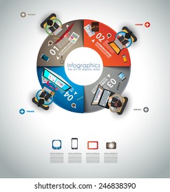 Trabajo en equipo e intercambio de ideas con estilo Flat. Se incluyen muchos elementos de diseño: computadoras, dispositivos móviles, suministros de escritorio, lápiz, taza de café, sábanas, documentos, etc.