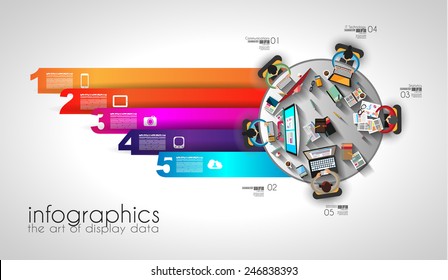 Infographic teamwork and brainstorming with Flat style. A lot of design elements are included: computers, mobile devices, desk supplies, pencil,coffee mug, sheets,documents and so on