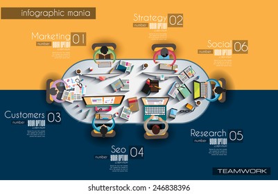 Infographic teamwork and brainstorming with Flat style. A lot of design elements are included: computers, mobile devices, desk supplies, pencil,coffee mug, sheets,documents and so on