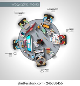 Infographic teamwork and brainstorming with Flat style. A lot of design elements are included: computers, mobile devices, desk supplies, pencil,coffee mug, sheets