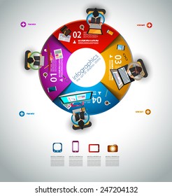 Infographic teamwork and brainstorming with Flat style. A lot of design elements are included: computers, mobile devices, desk supplies, pencil,coffee mug, sheets,documents and so on