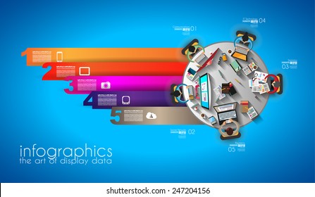 Infographic teamwork and brainstorming with Flat style. A lot of design elements are included: computers, mobile devices, desk supplies, pencil,coffee mug, sheets,documents and so on