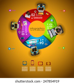 Infographic teamwork and brainstorming with Flat style. A lot of design elements are included: computers, mobile devices, desk supplies, pencil,coffee mug, sheets,documents and so on